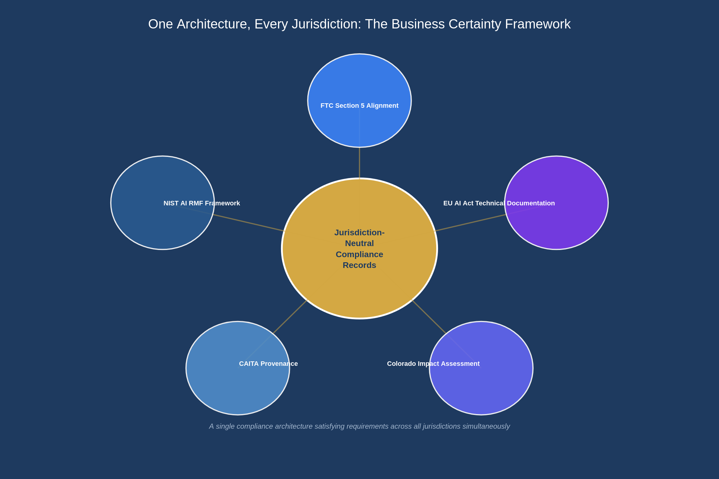 Business certainty framework diagram showing how jurisdiction-neutral compliance records at the center connect to FTC Section 5 alignment, NIST AI Risk Management Framework, California CAITA provenance requirements, Colorado impact assessment mandates, and EU AI Act technical documentation