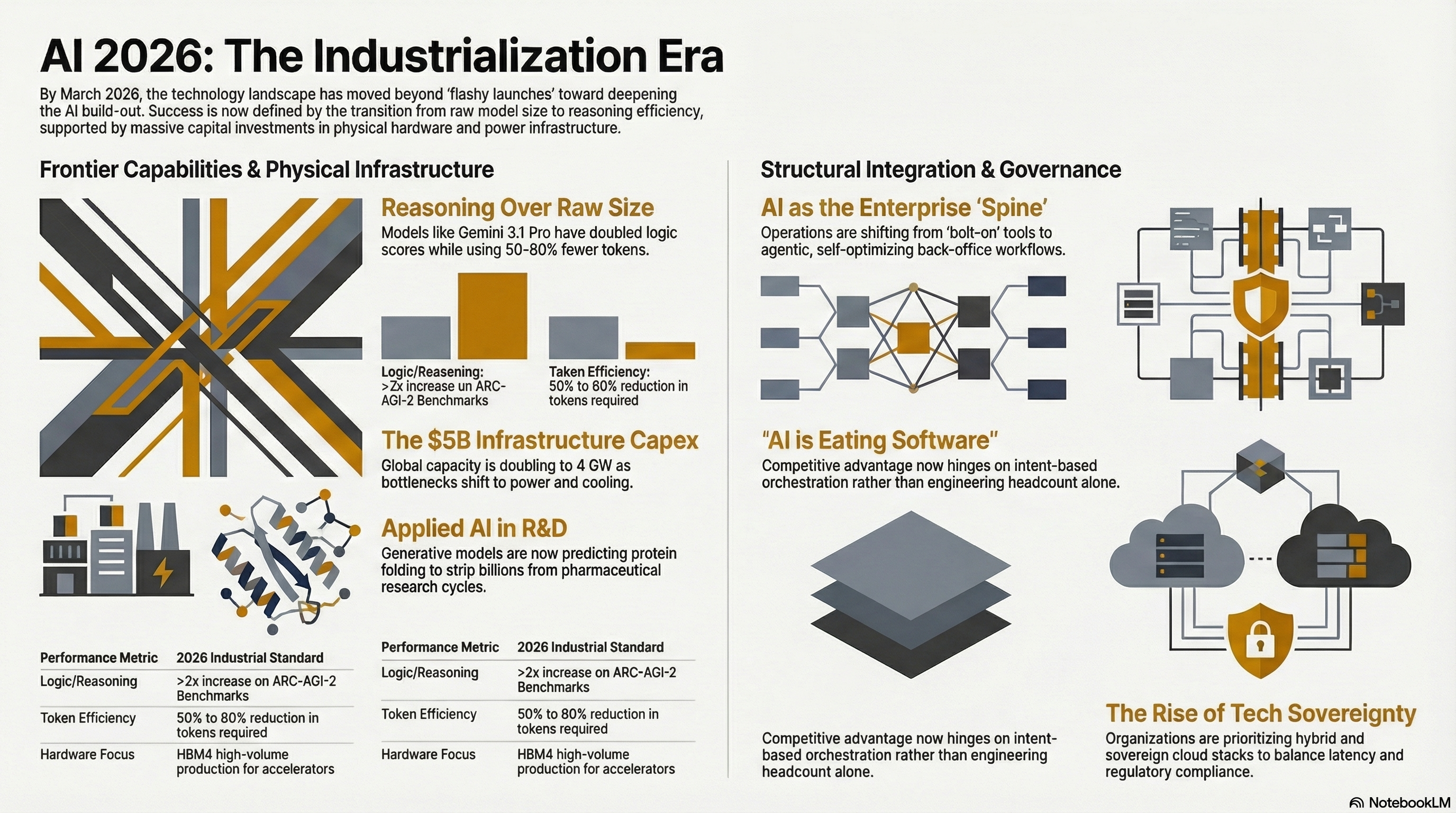 AI 2026: The Industrialization Era infographic showing frontier capabilities, physical infrastructure, reasoning over raw size, applied AI in R&D, structural integration and governance